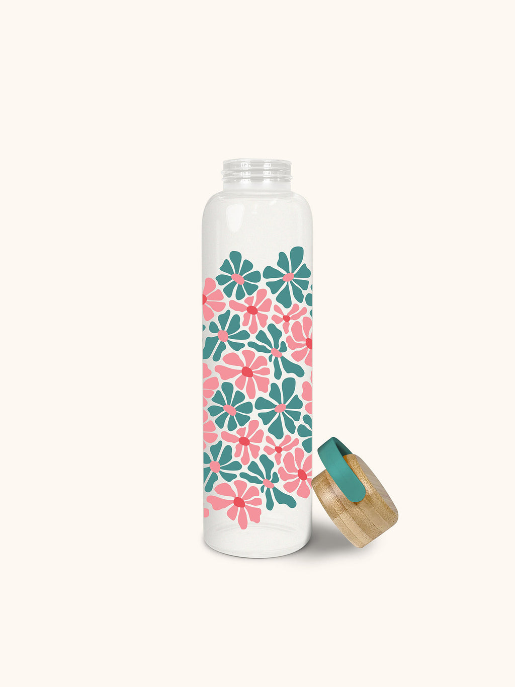 Pink Daisy Glass Bottle With Bamboo Lid-drink water Glass -  in 2023