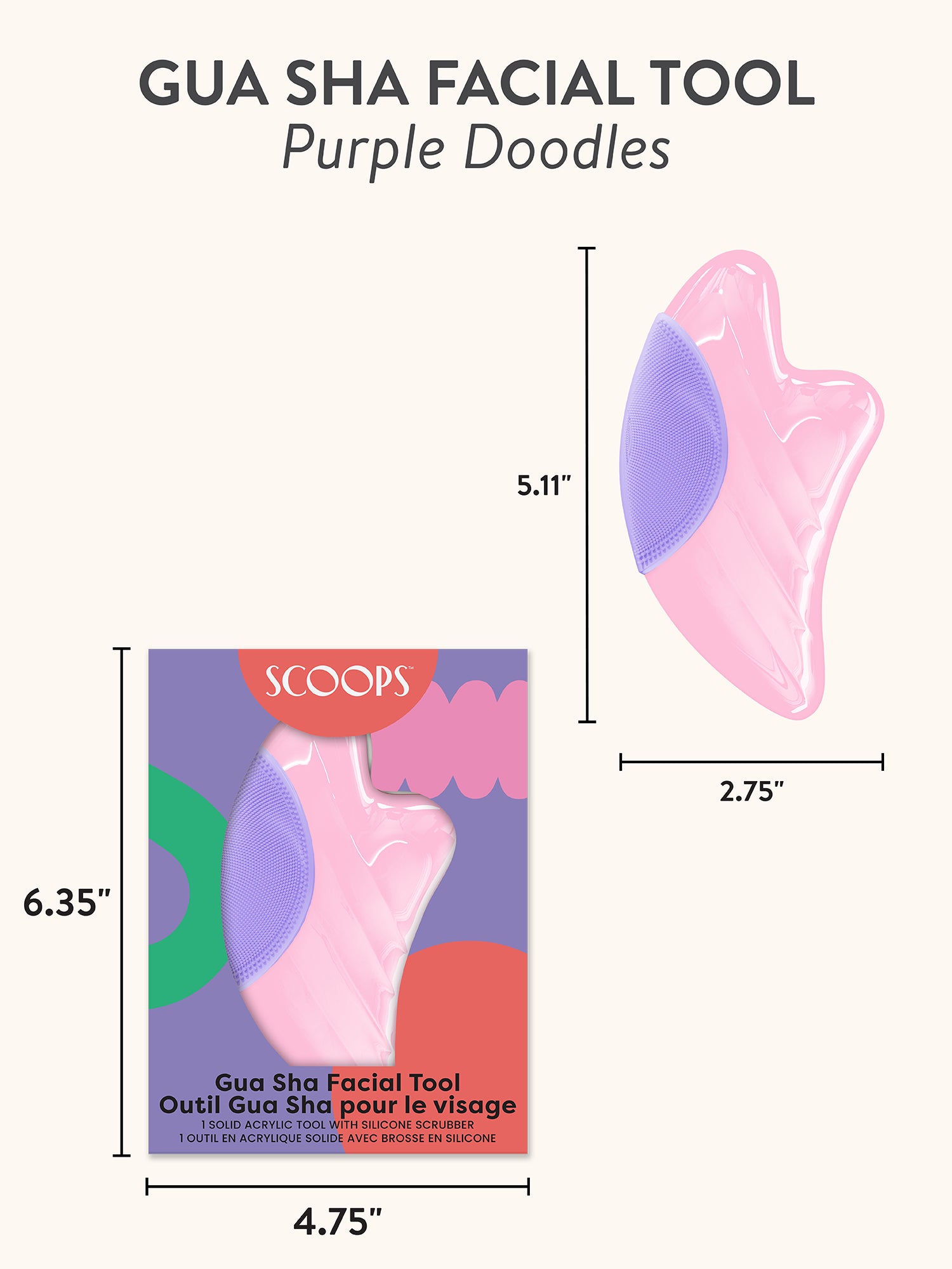 SCOOPS Beauty Gua Sha Facial Tool, Purple Doodles