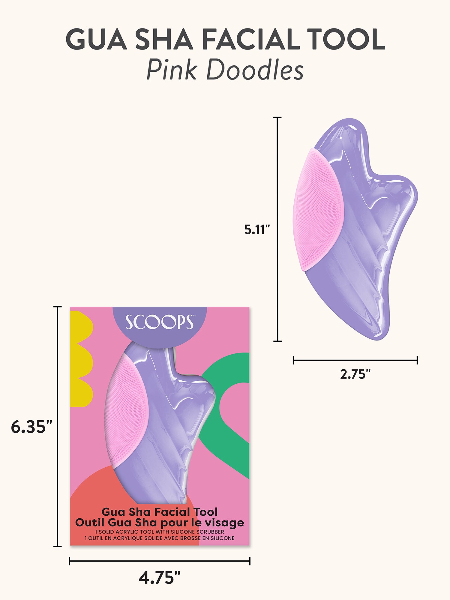SCOOPS Beauty Gua Sha Facial Tool, Pink Doodles