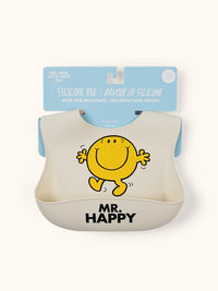 Mr. Happy silicone bib attached to hang tag