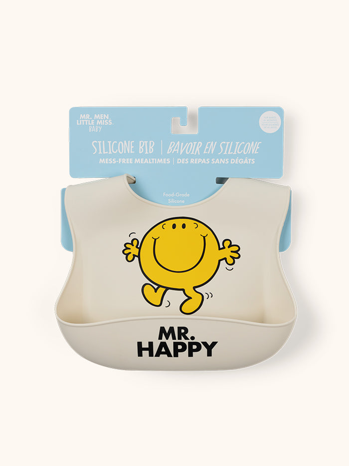 Mr. Happy silicone bib attached to hang tag