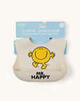 Mr. Happy silicone bib attached to hang tag