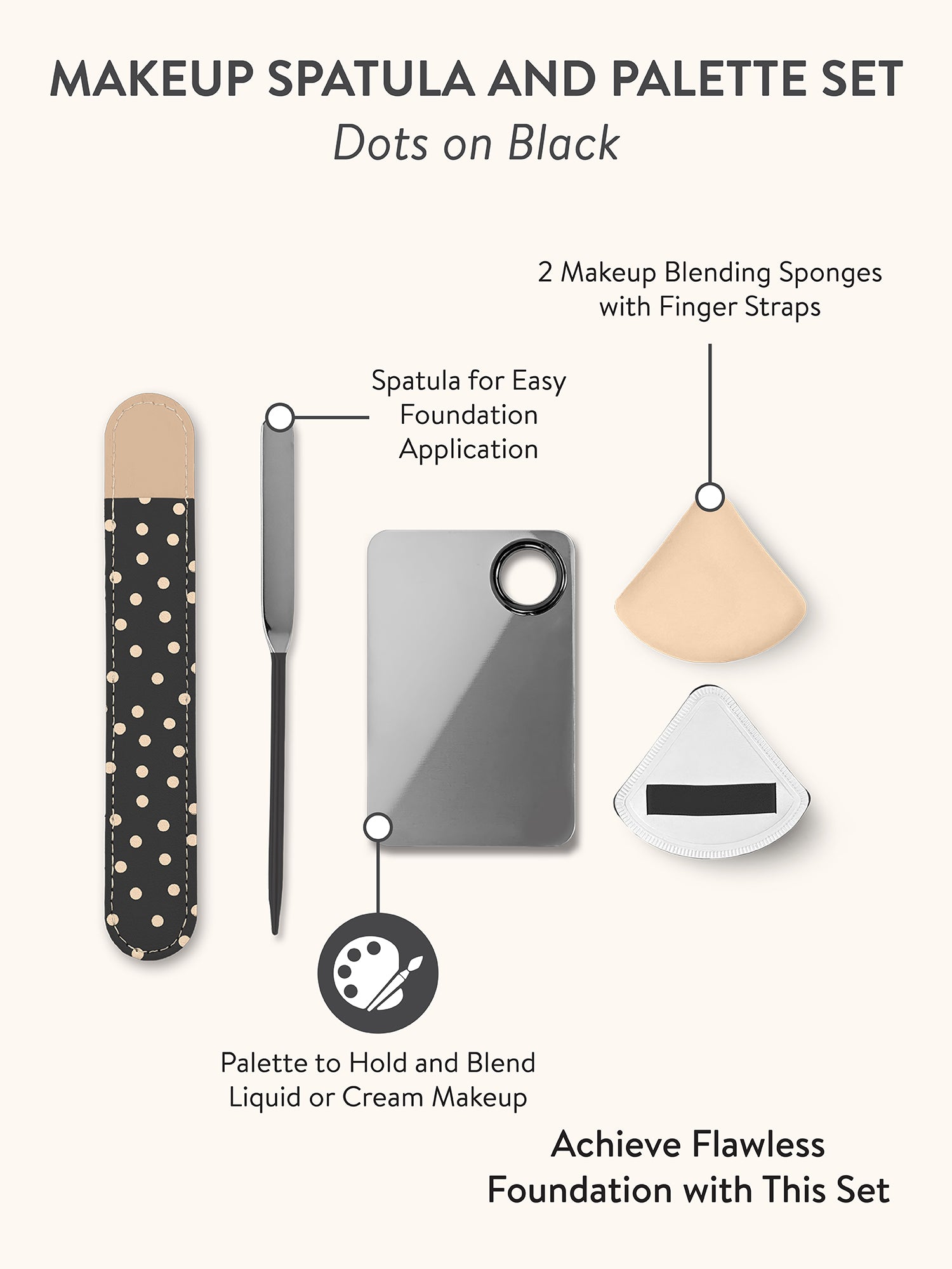 SCOOPS Beauty Makeup Spatula and Palette Set, Dots on Black