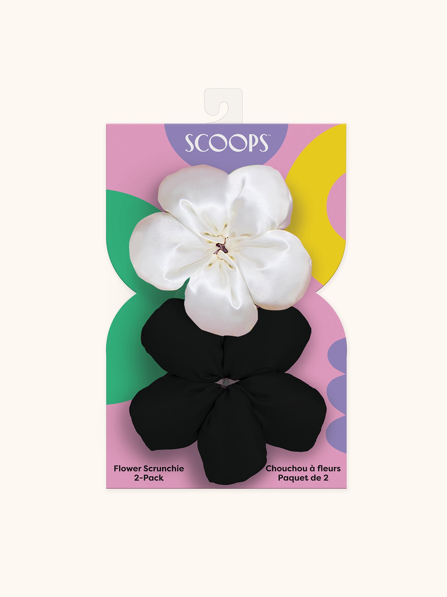 SCOOPS Beauty Flower Scrunchie 2-Pack, Black & Beige Flowers