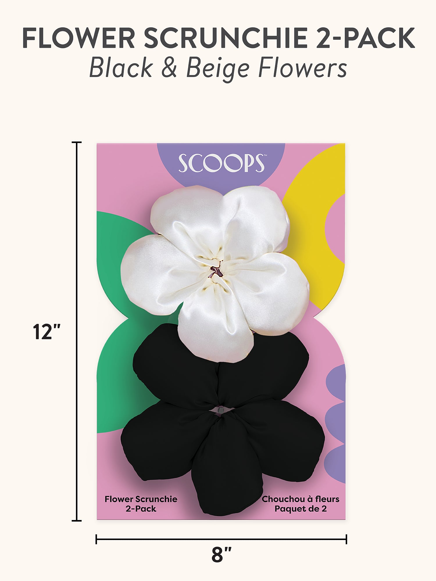 SCOOPS Beauty Flower Scrunchie 2-Pack, Black & Beige Flowers
