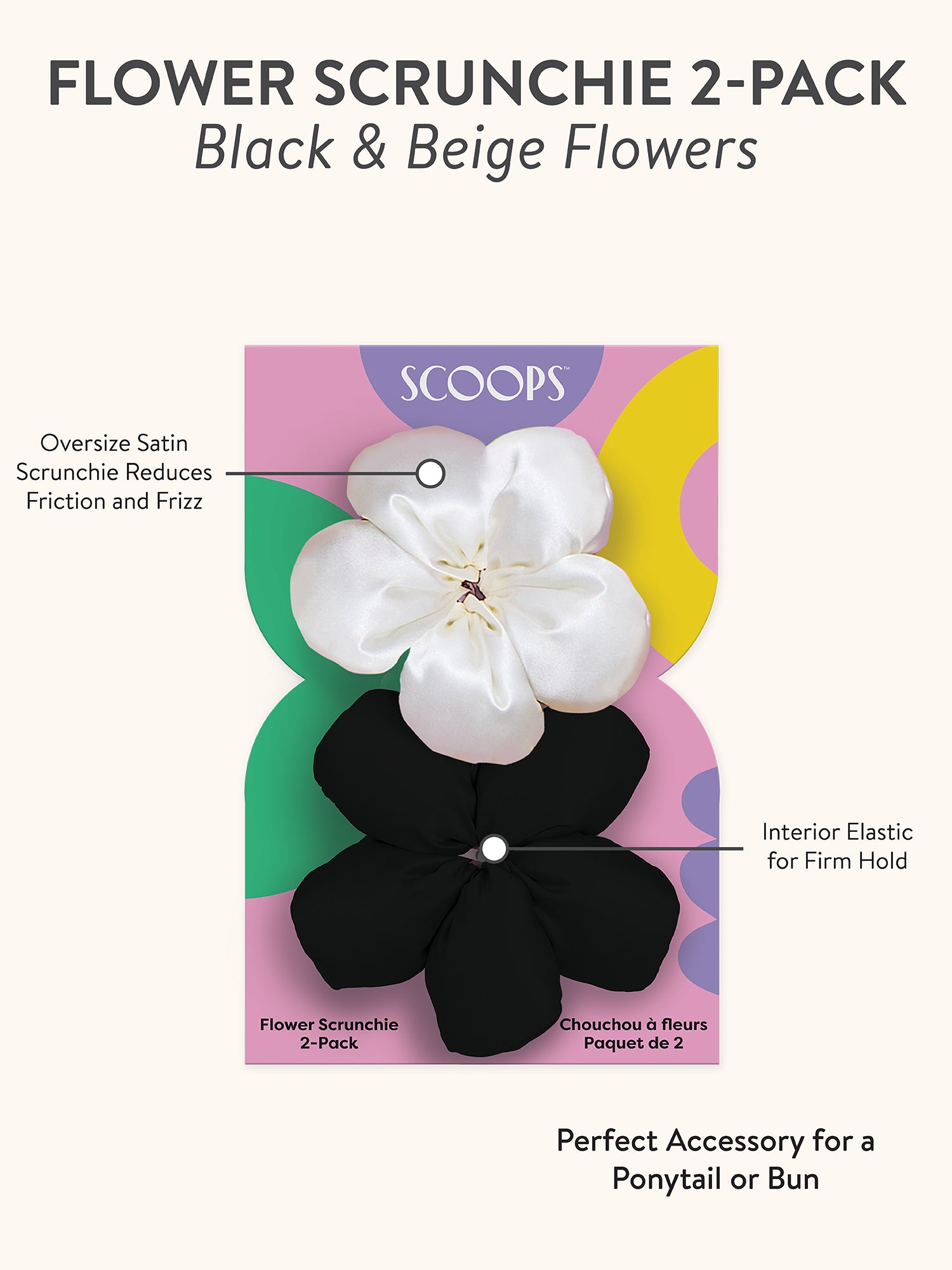 SCOOPS Beauty Flower Scrunchie 2-Pack, Black & Beige Flowers