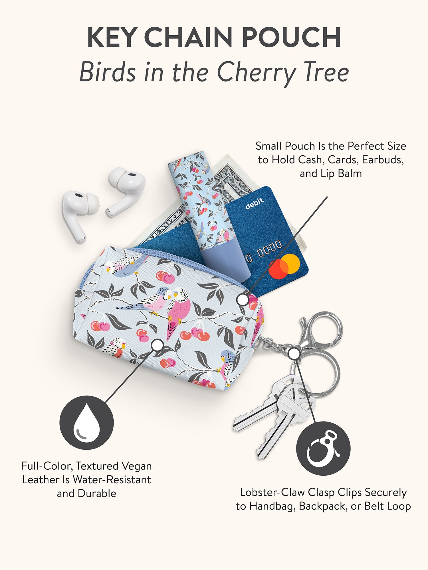 Birds in the Cherry Tree Key Chain Pouch