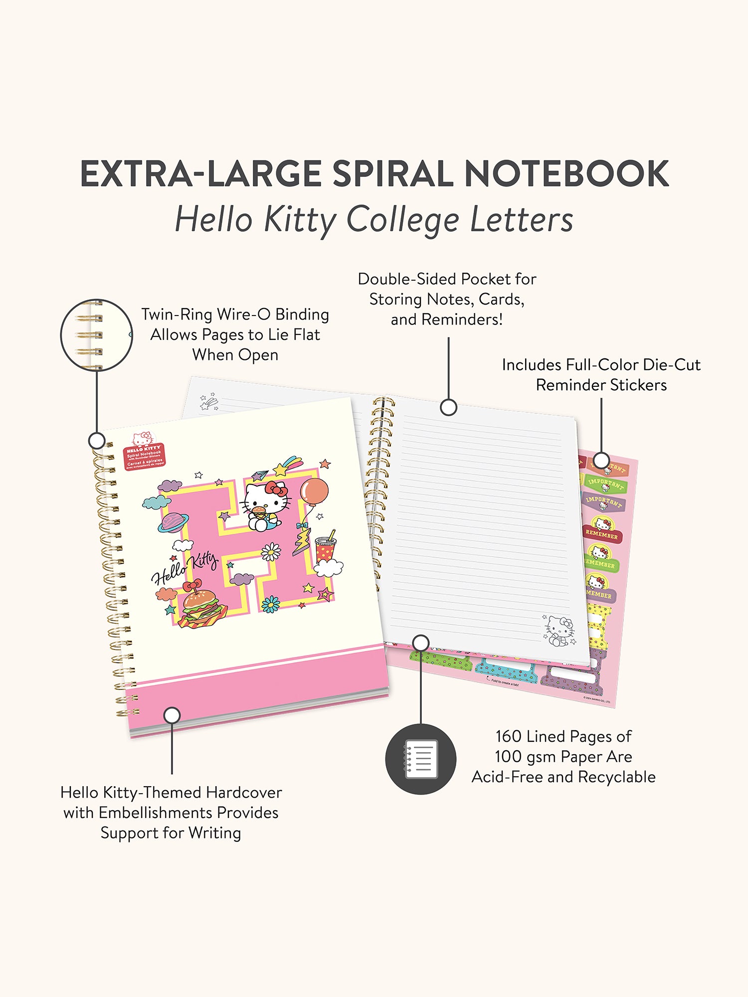 Hello Kitty College Letters Extra Large Spiral Notebook