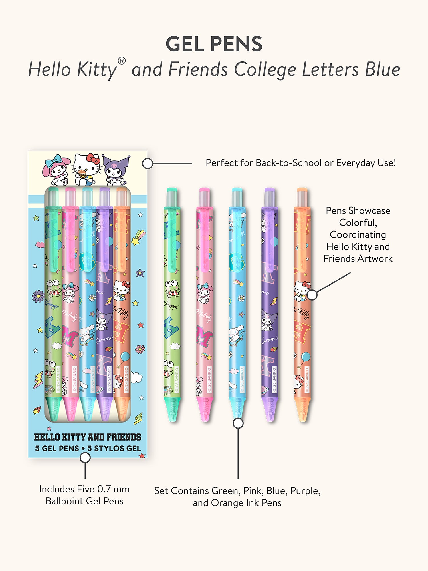 Hello Kitty and Friends College Letters Blue Gel Pen Set