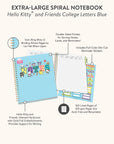 Hello Kitty and Friends College Letters Blue Extra-Large Spiral Notebook with Pocket & Sticker Sheet