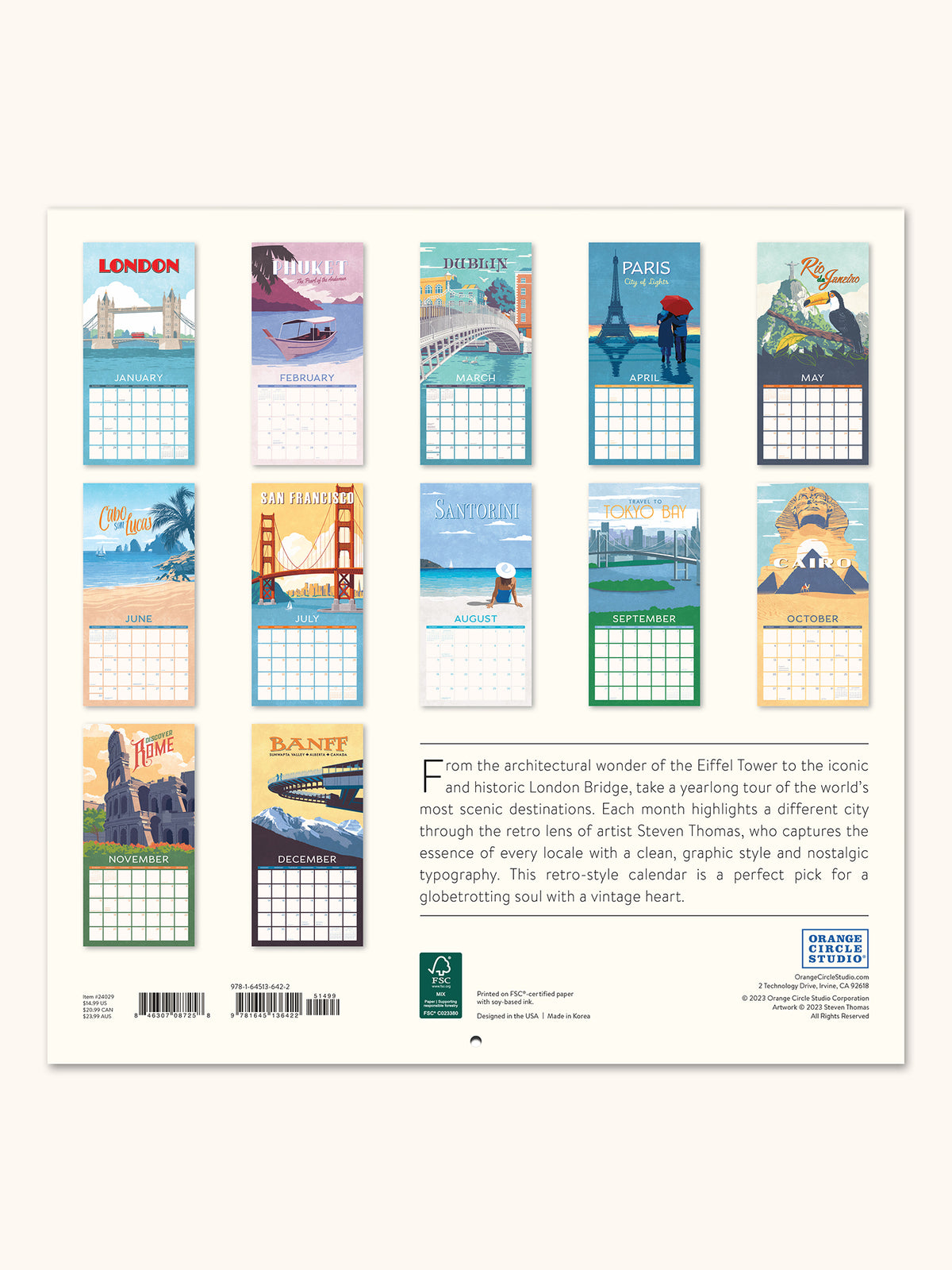 World Travel Retro Travel Poster Art 12" x 12" Wall Calendar
