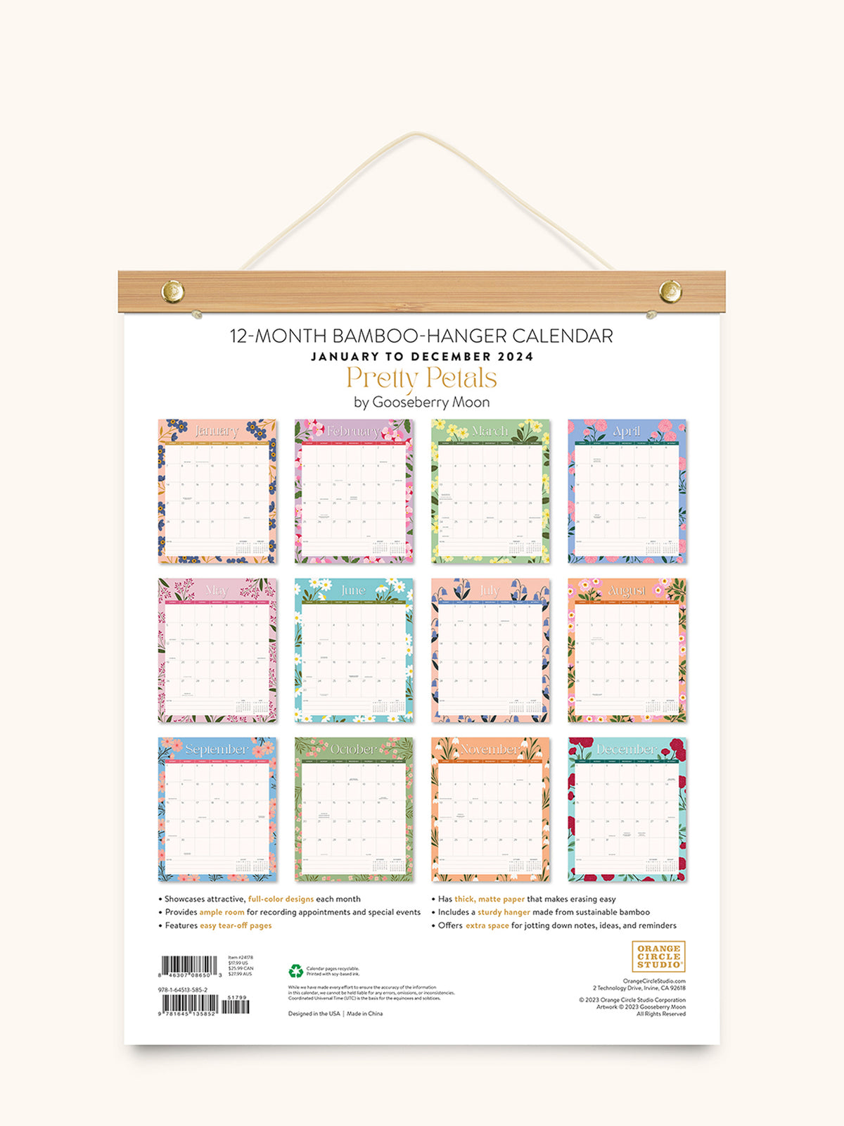 2024 Pretty Petals Bamboo-Hanger Calendar