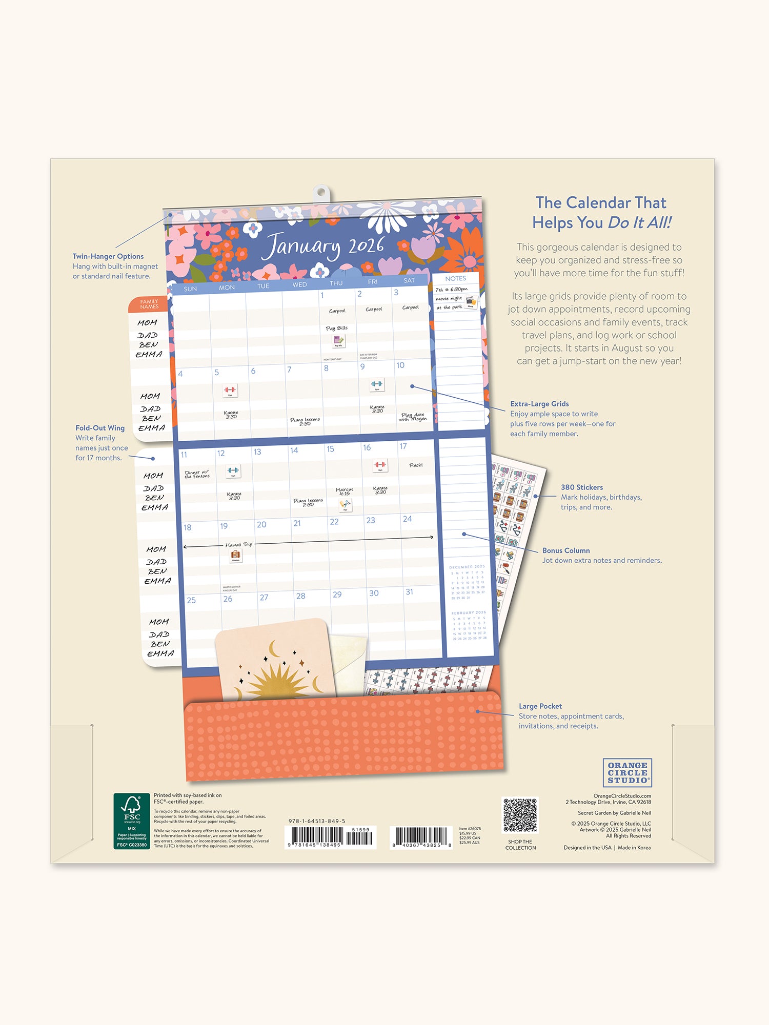 2026 Secret Garden Do It All Wall Calendar