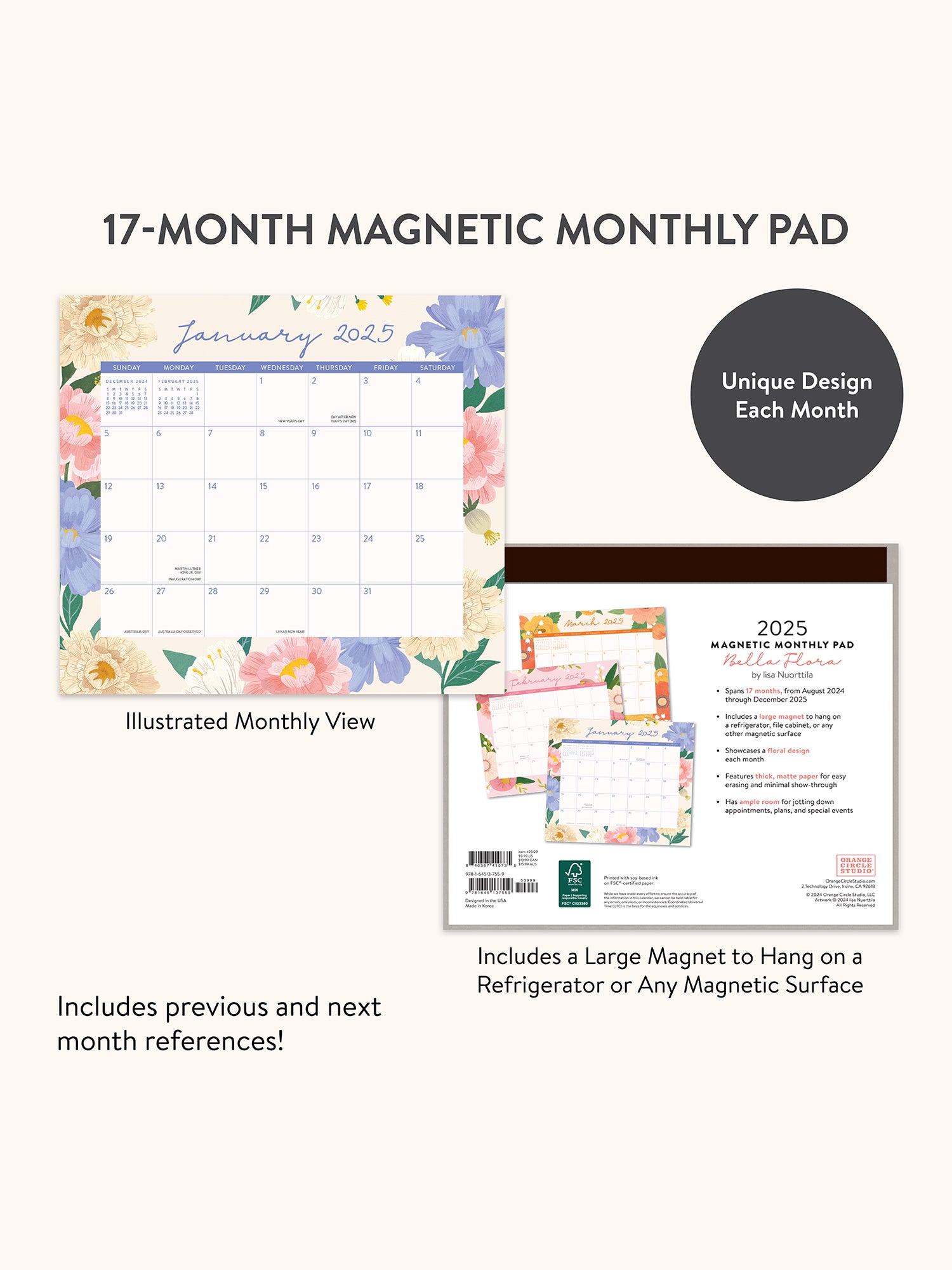 2025 Bella Flora Magnetic Monthly Pad Calendar