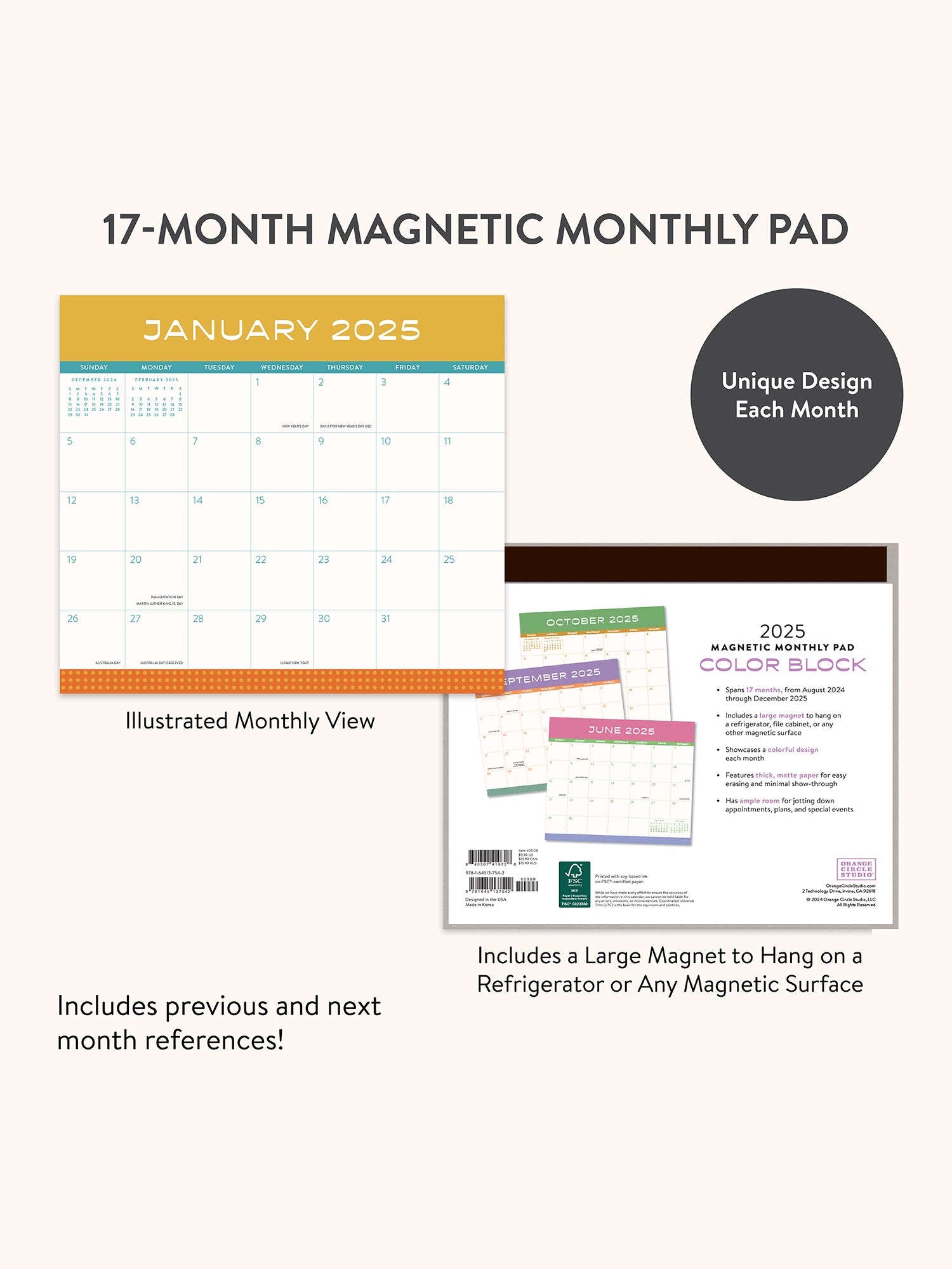 2025 Color Block Magnetic Monthly Pad Calendar