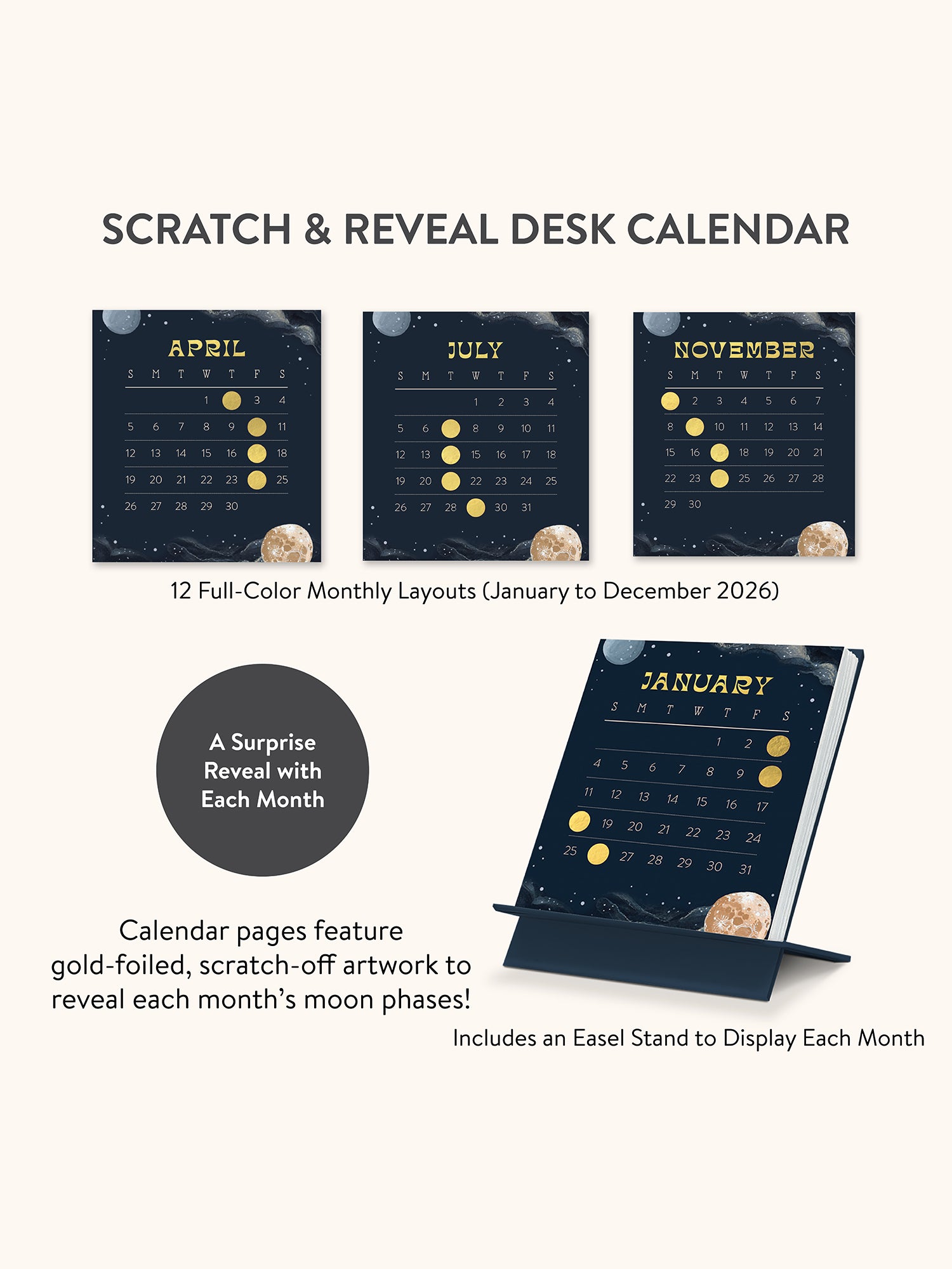 2026 Moon Phases Scratch &amp; Reveal Desk Calendar