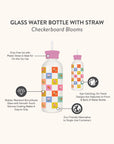 Checkerboard Blooms Glass Water Bottle with Straw