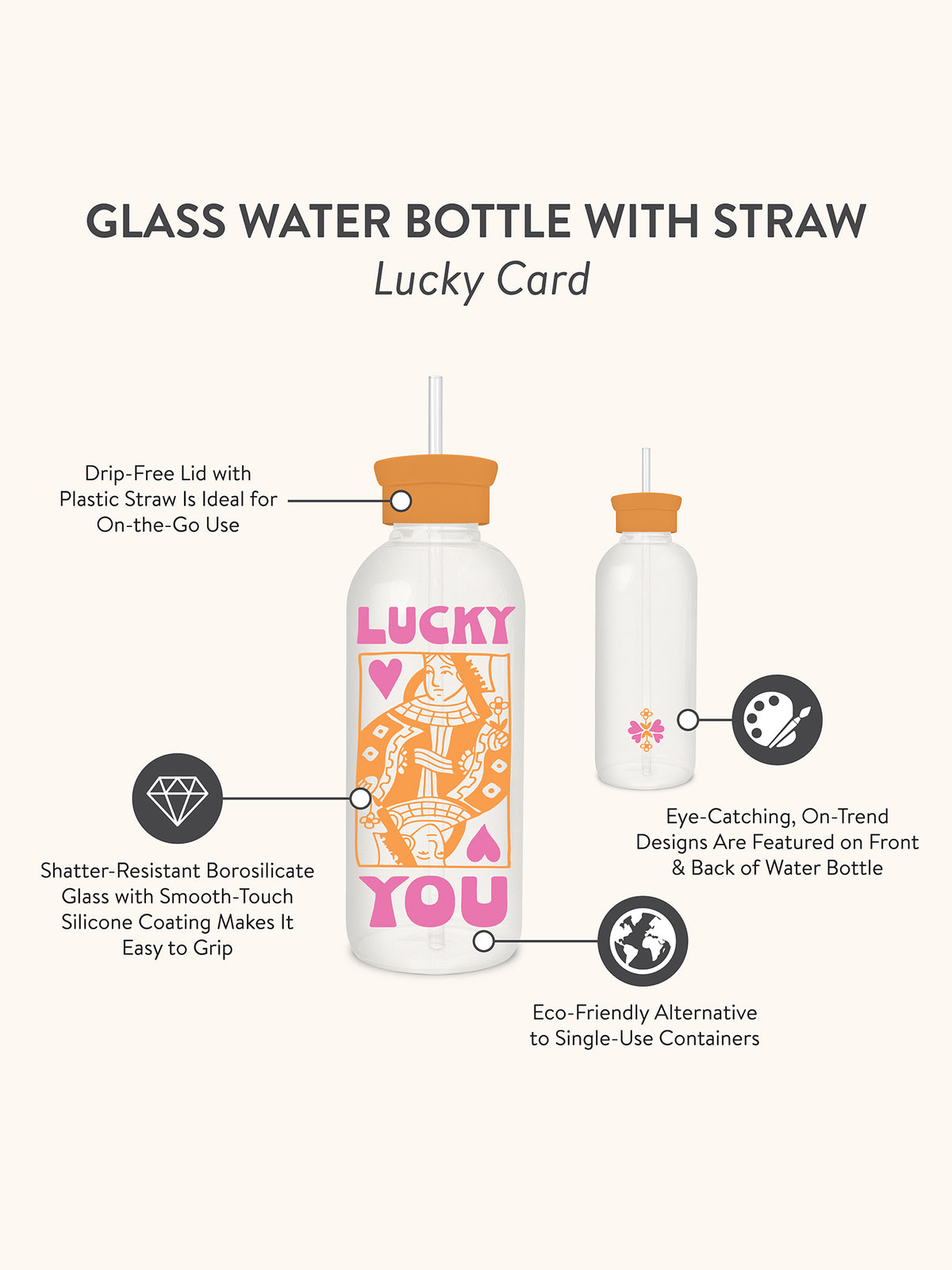 Lucky You Glass Water Bottle with Straw