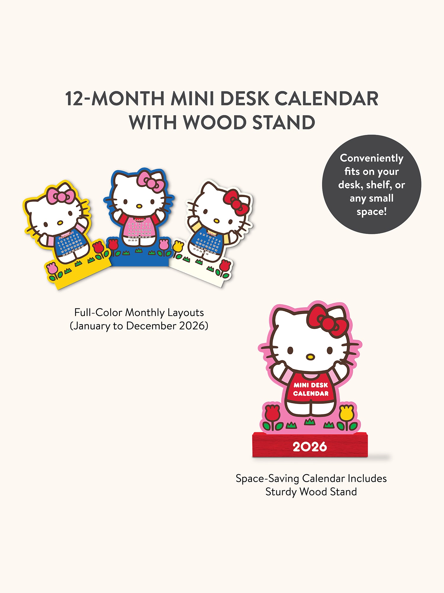 2026 Hello Kitty Playful Pink Mini Desk Calendar with Wood Stand