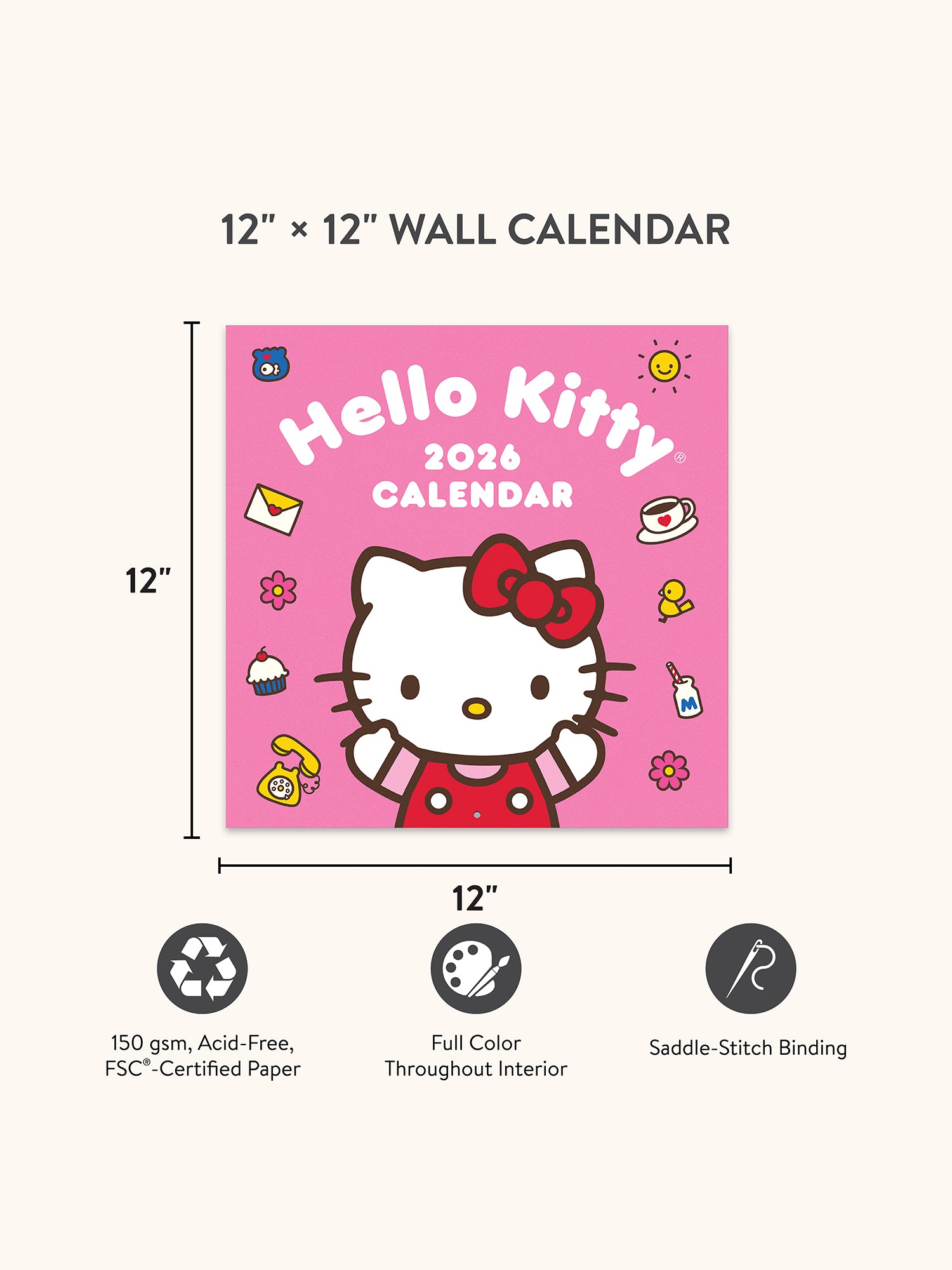 2026 Hello Kitty Playful Pink 12&quot; x 12&quot; Wall Calendar