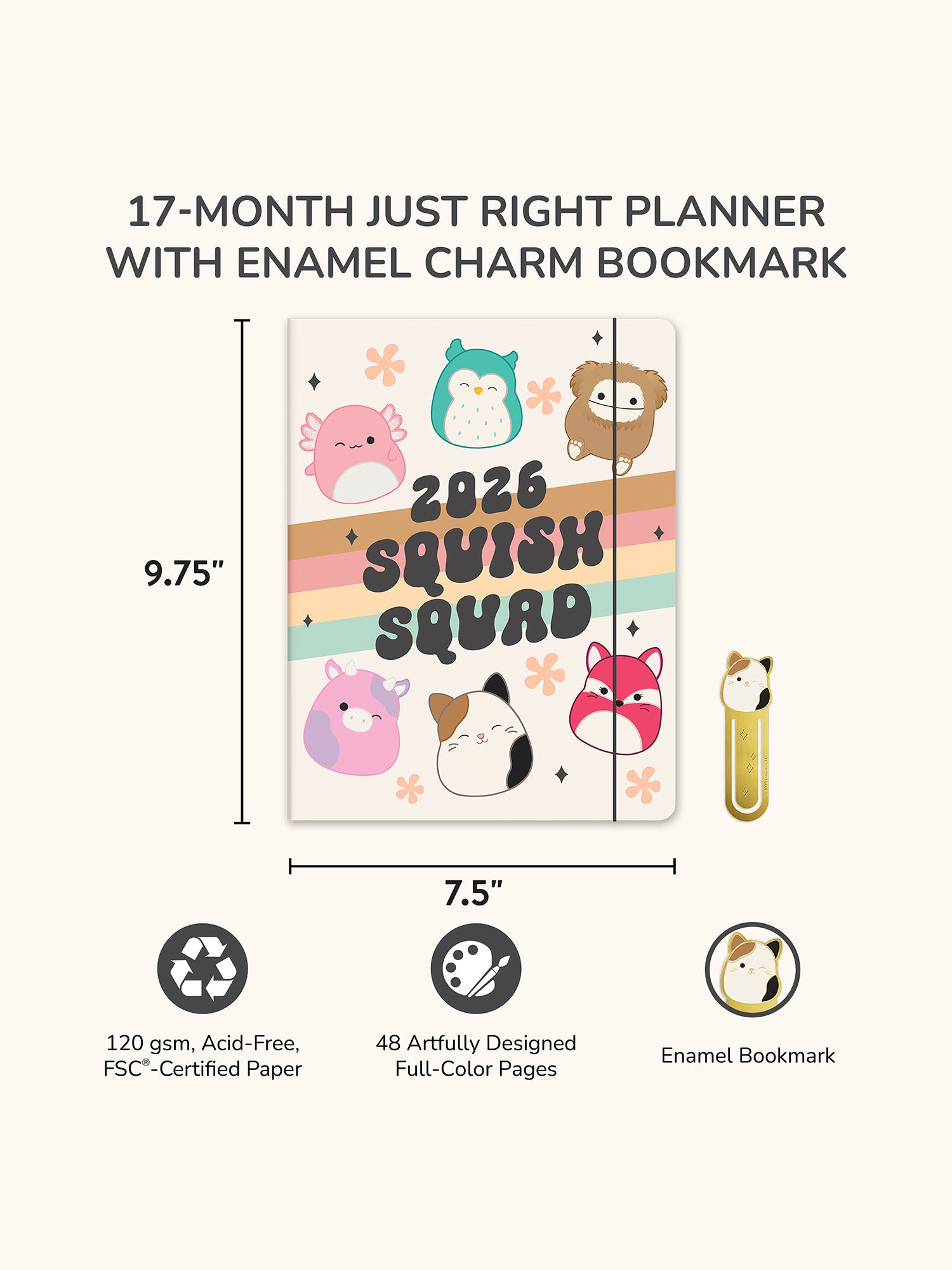 2026 Squishmallows Squish Squad Just Right Monthly Planner with Enamel Charm Bookmark