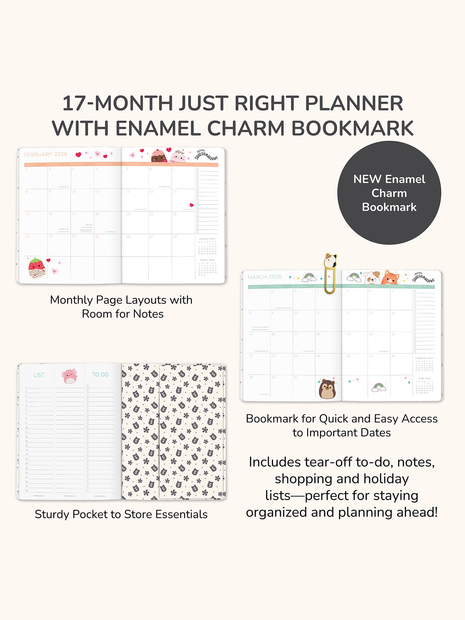 2026 Squishmallows Squish Squad Just Right Monthly Planner with Enamel Charm Bookmark