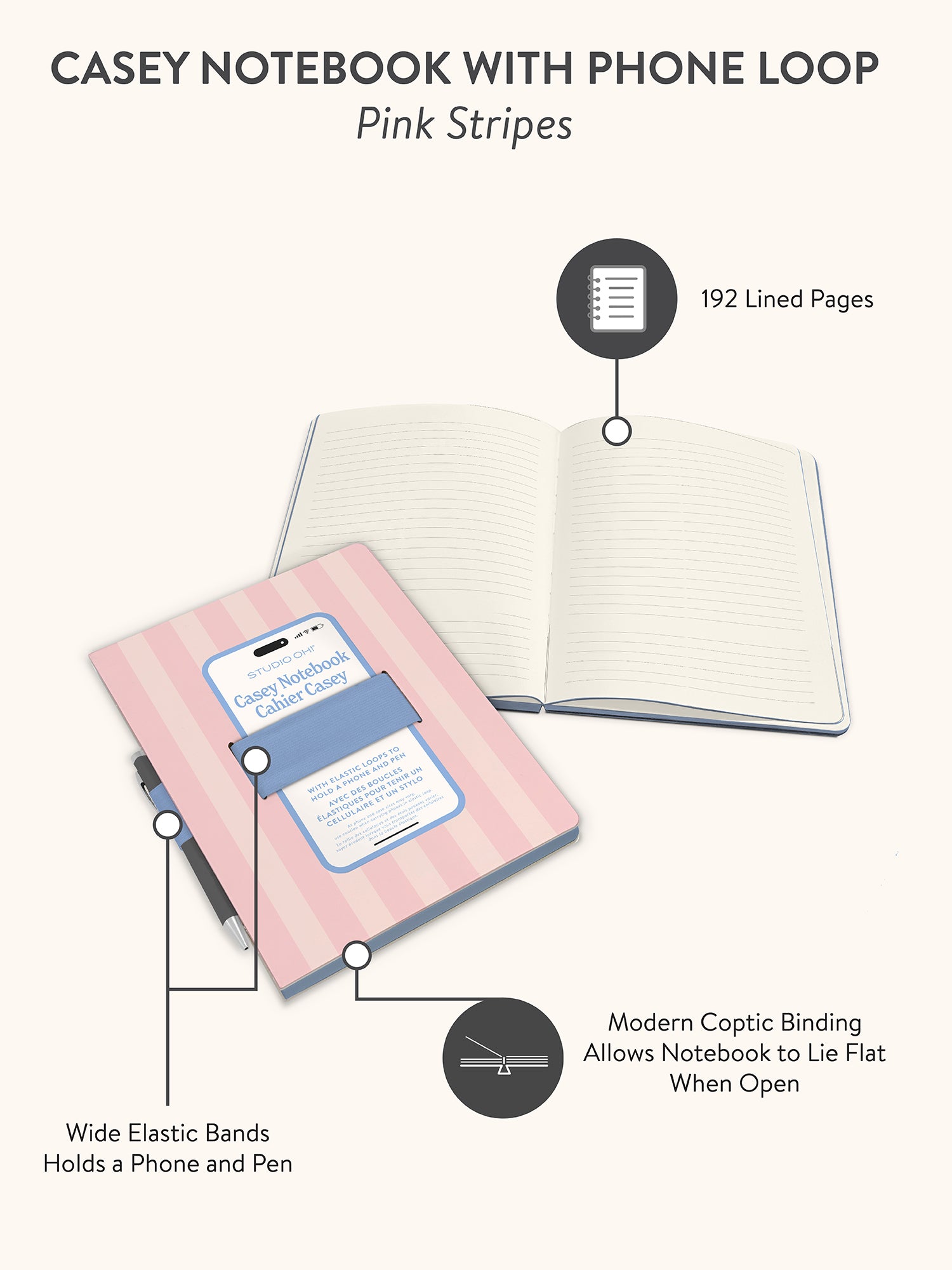 Pink Stripes Casey Notebook with Phone Loop