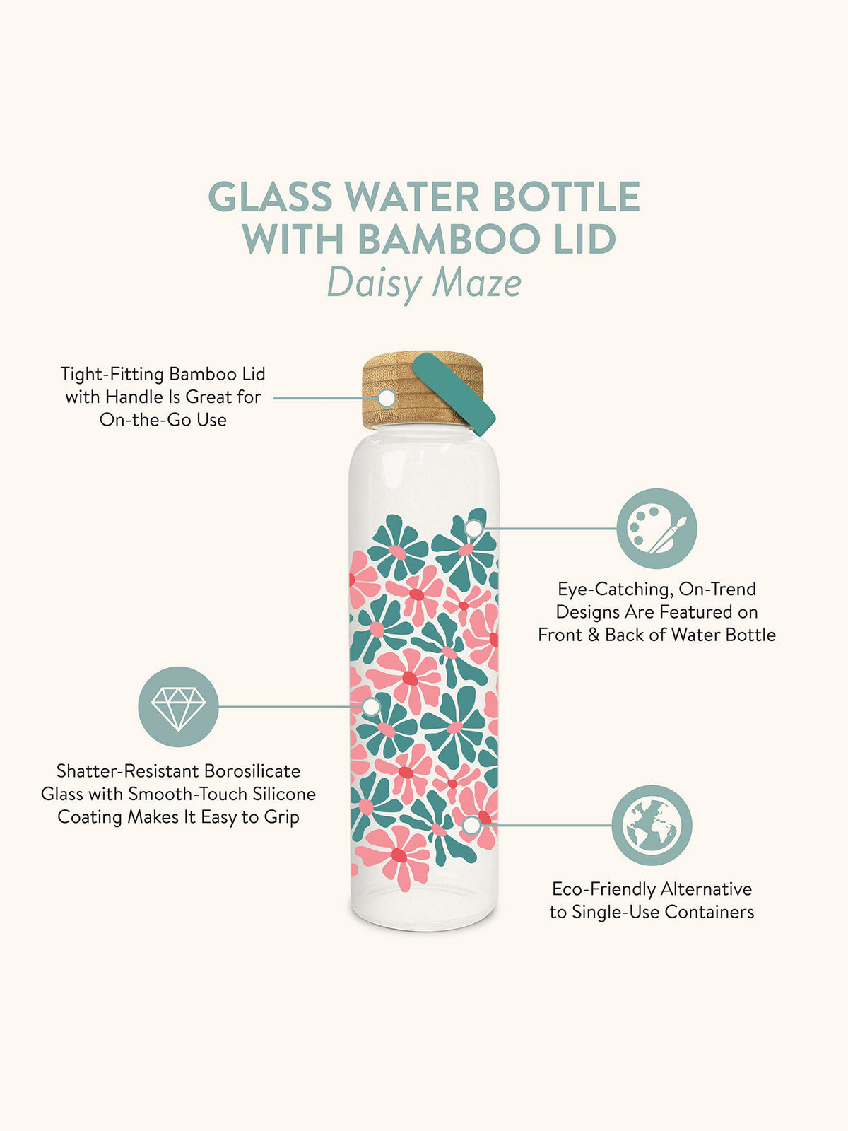 Daisy Maze Glass Water Bottle with Bamboo Lid