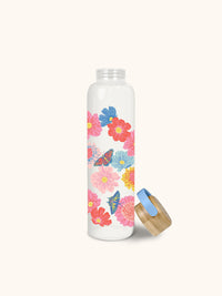 Butterfly Blossoms Glass Water Bottle with Bamboo Lid
