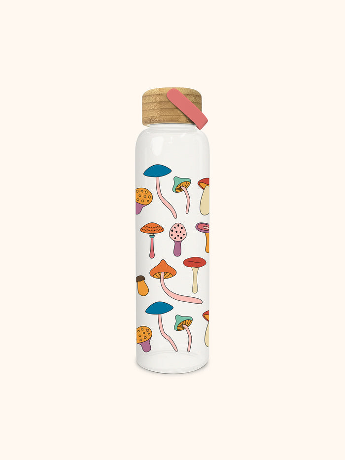 Mushroom Melody Glass Water Bottle with Bamboo Lid
