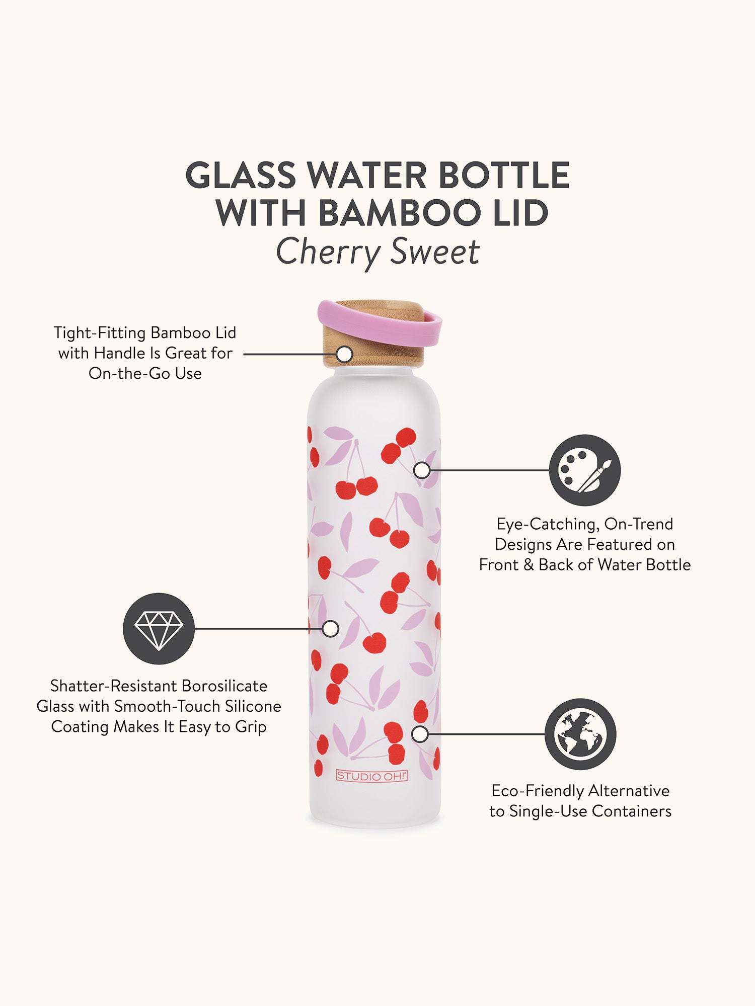 Cherry Sweet Glass Water Bottle with Bamboo Lid