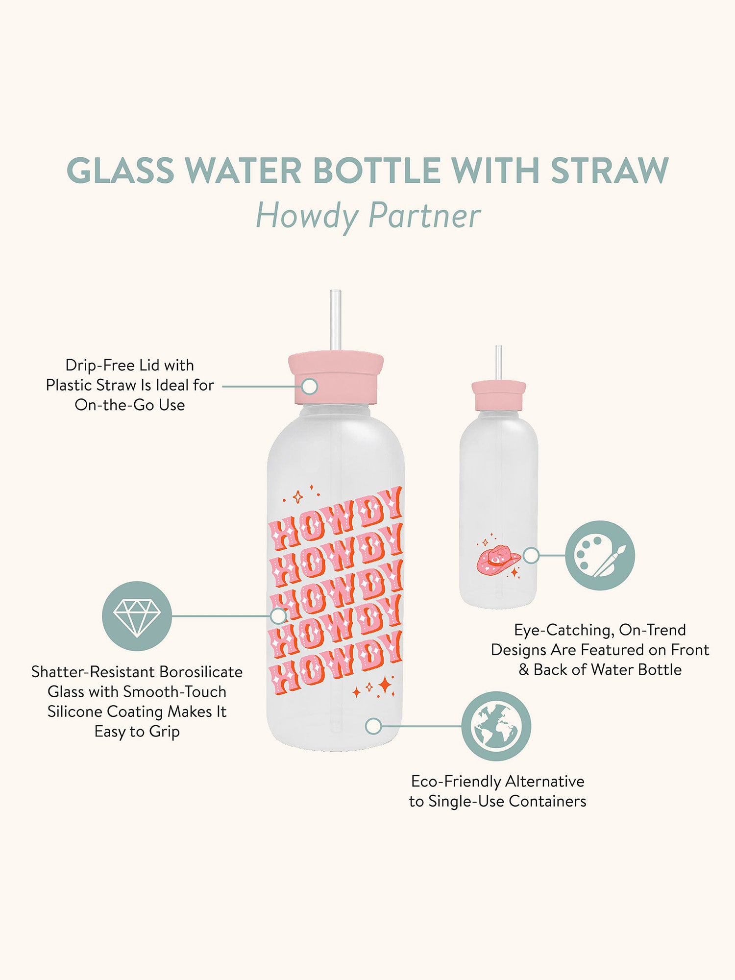 Howdy Partner Glass Water Bottle with Straw – Studio Oh!