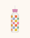 Checkerboard Blooms Glass Water Bottle with Straw