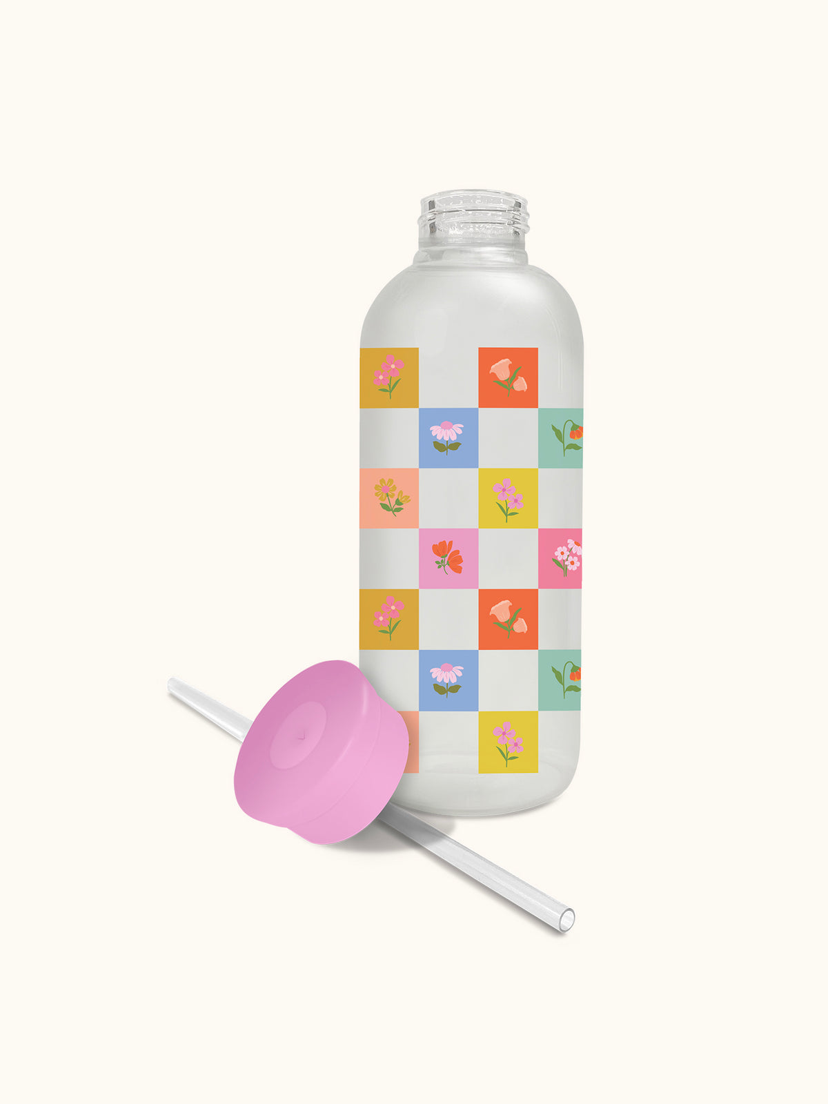 Checkerboard Blooms Glass Water Bottle with Straw