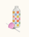 Checkerboard Blooms Glass Water Bottle with Straw