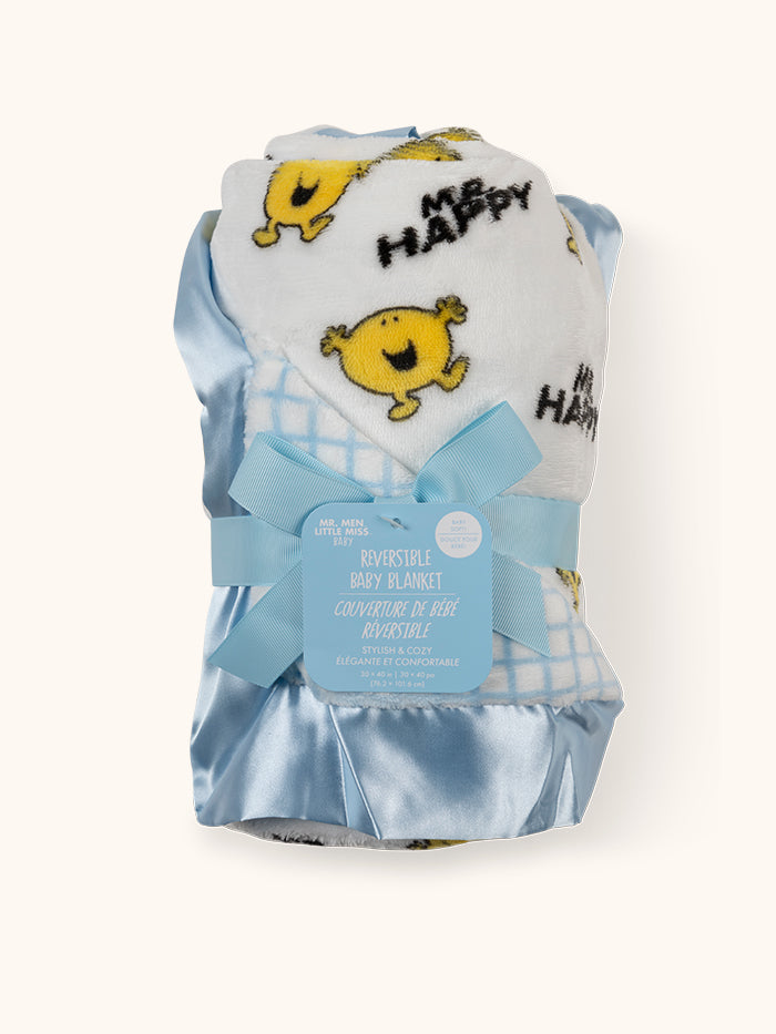 Mr. Happy Reversible Blanket rolled up with tag
