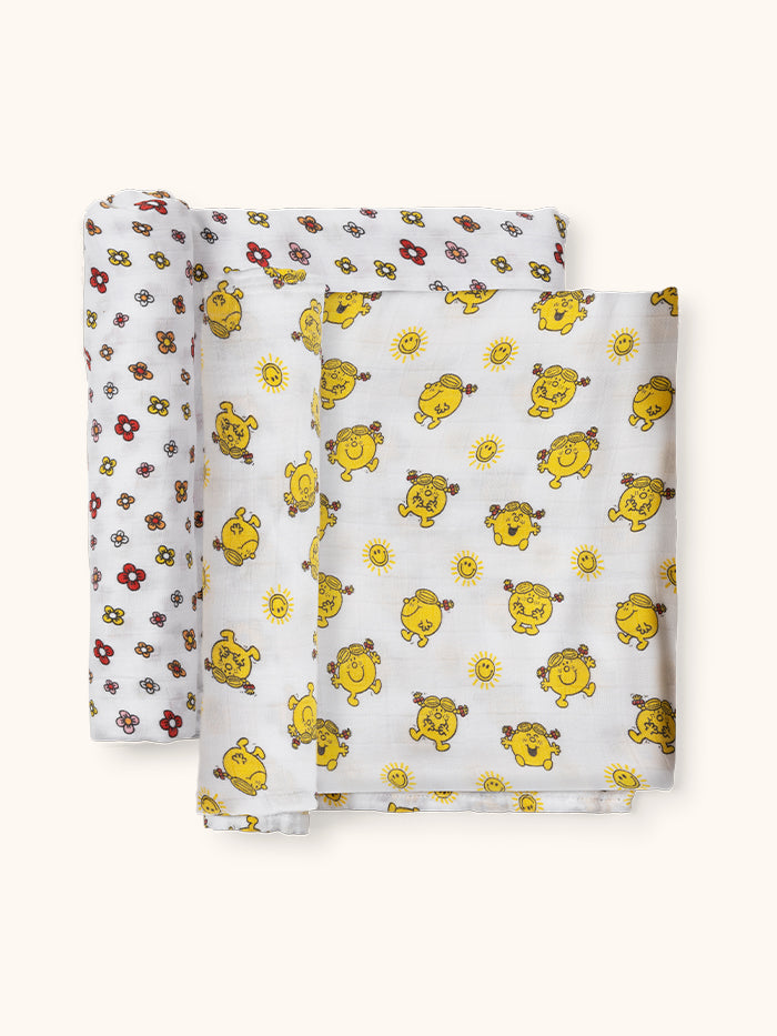 Little Miss Sunshine Swaddle Blanket set of two flat lay with rolled up fabric