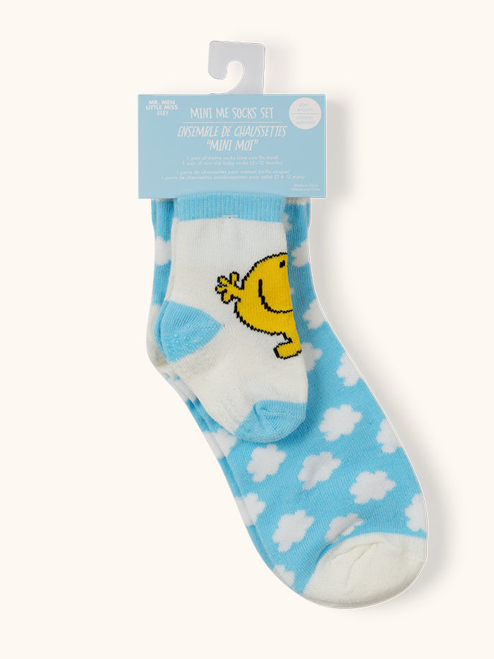 Mama and Baby Mr. Happy socks attached to hang tag