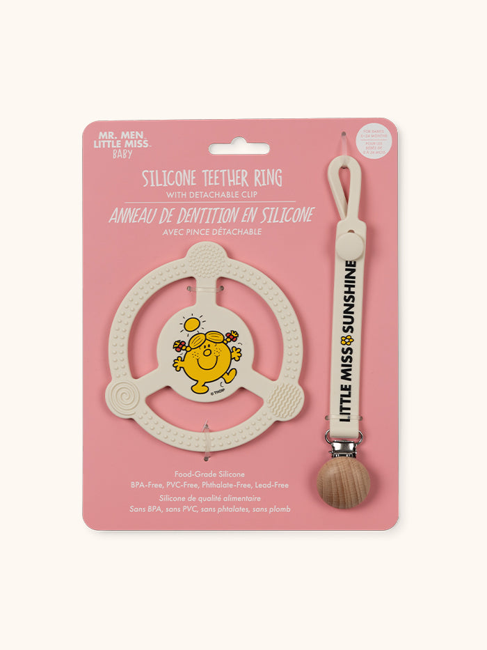 Little Miss Sunshine Silicone Teether ring with detachable clip on cardboard tag