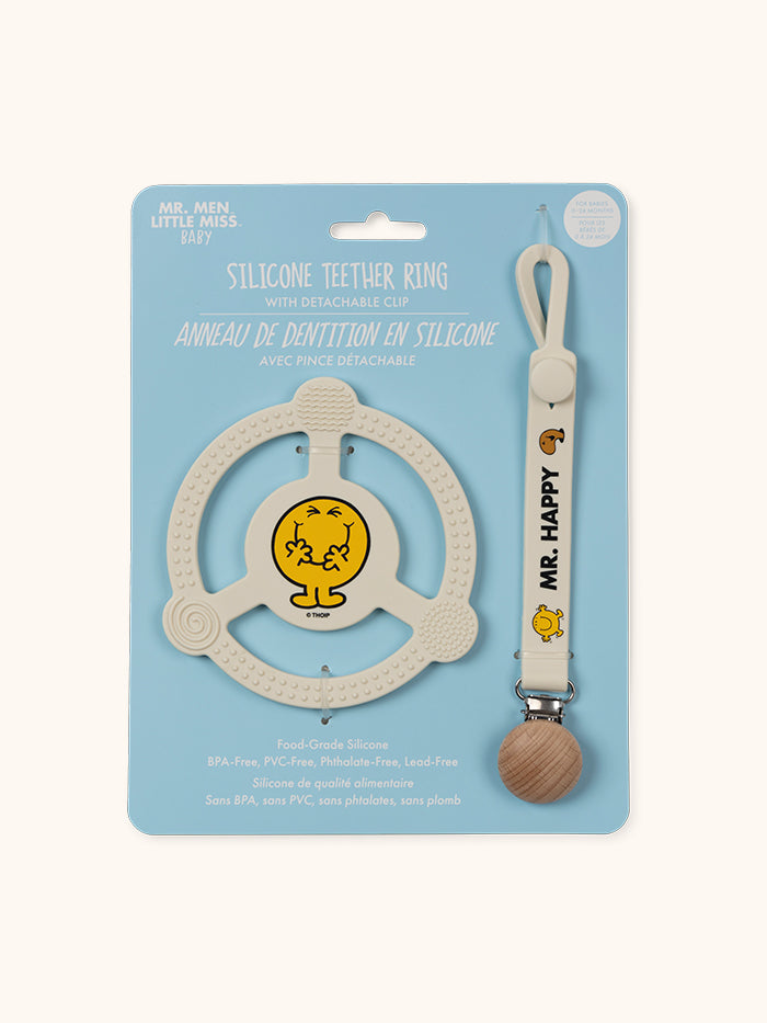 Mr. Happy silicone teether ring and detachable clip on cardboard hang tag