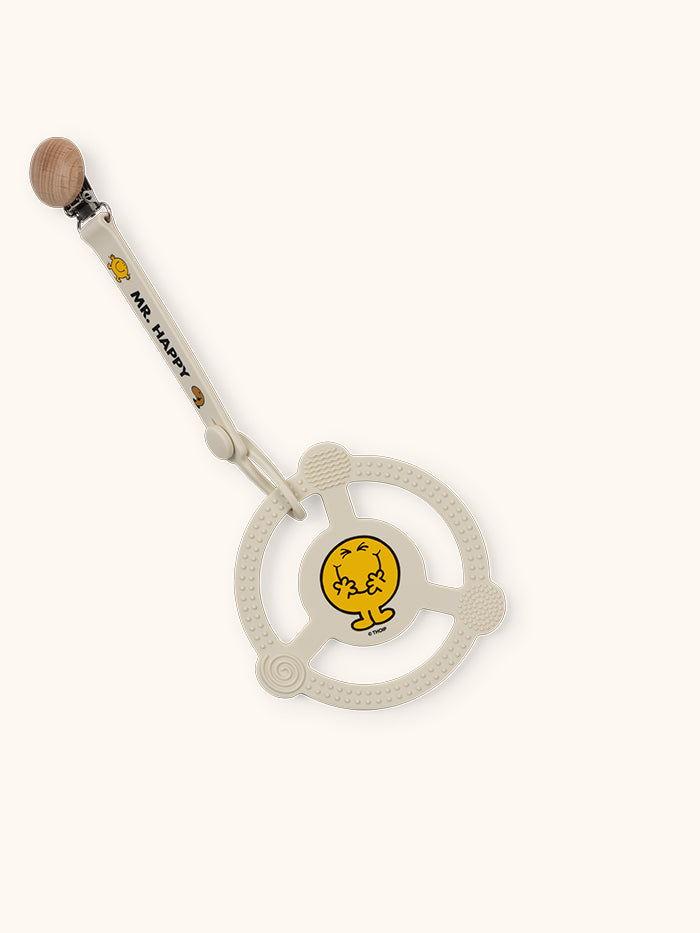 Mr. happy Silicone Teether Ring with clip attached
