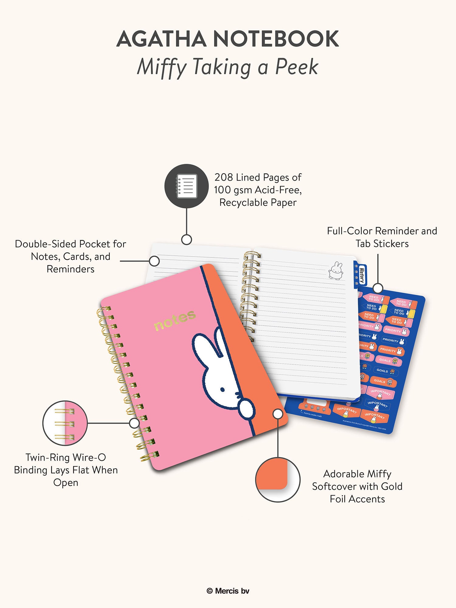 Miffy Taking a Peek Agatha Notebook with Pocket &amp; Stickers