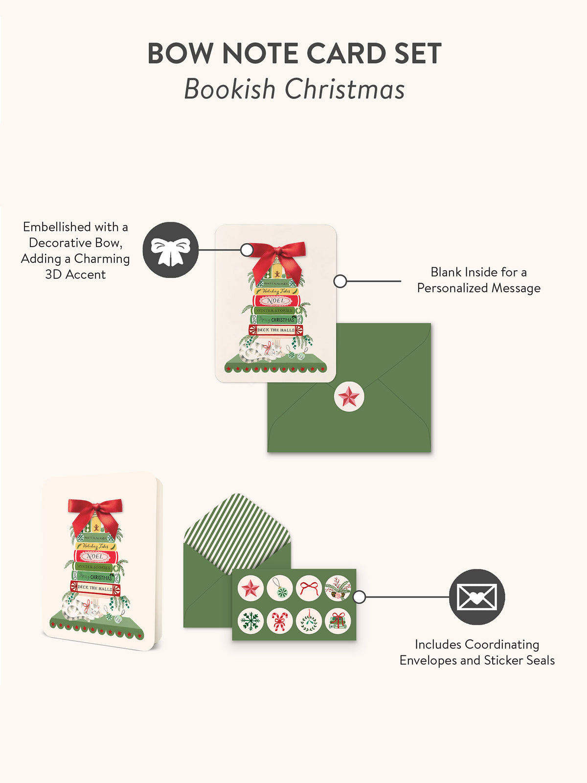 Bookish Christmas Bow Note Card Set