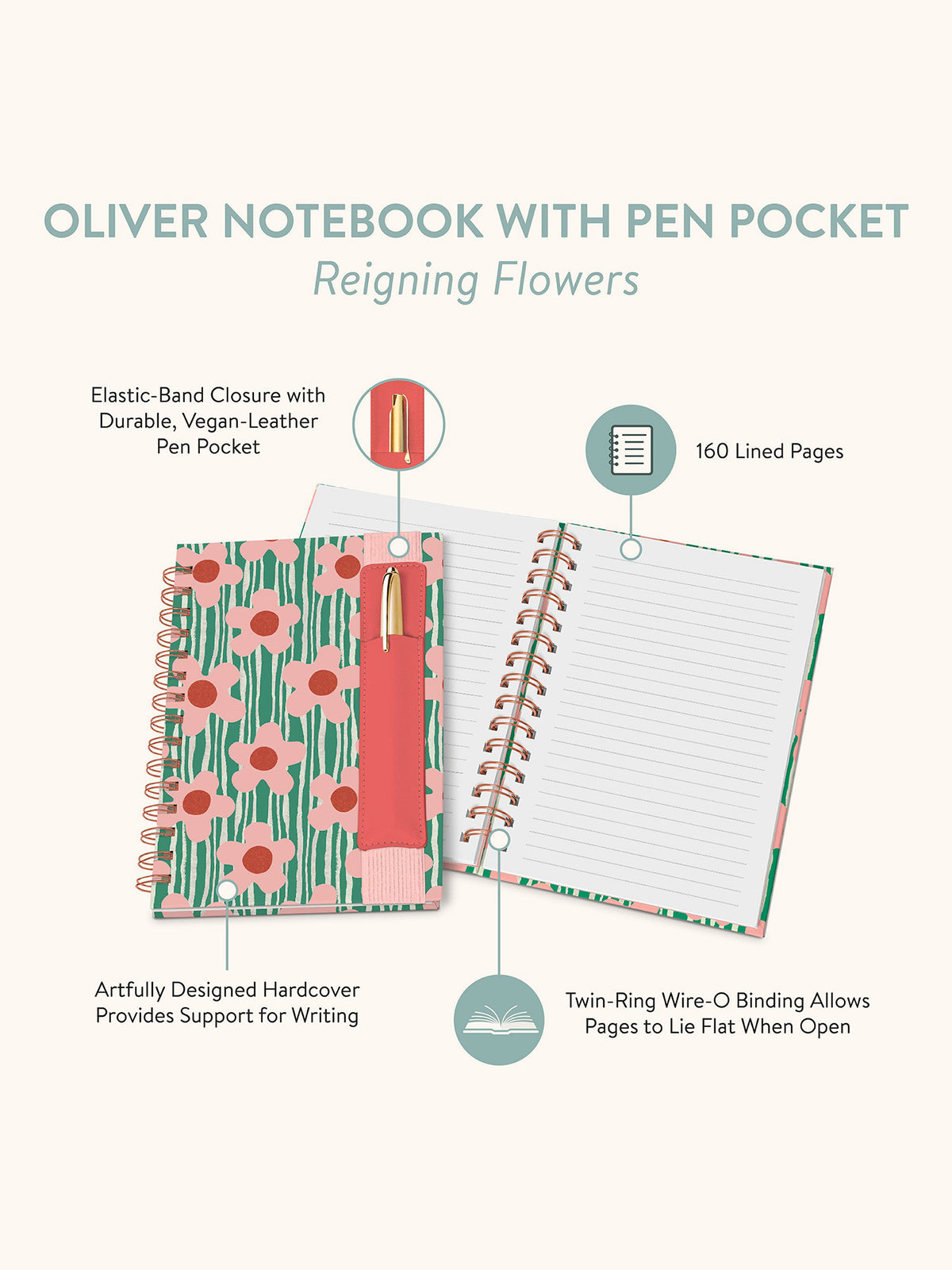 Reigning Flowers Oliver Notebook with Pen Pocket