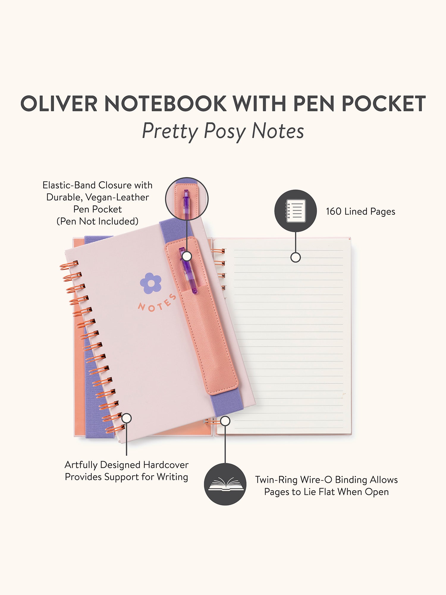 Pretty Posy Notes Oliver Notebook with Pen Pocket