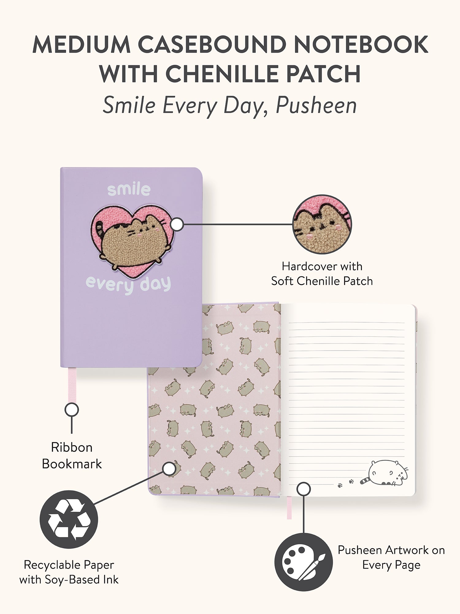 Pusheen Smile Every Day Chenille Patch Medium Casebound Notebook