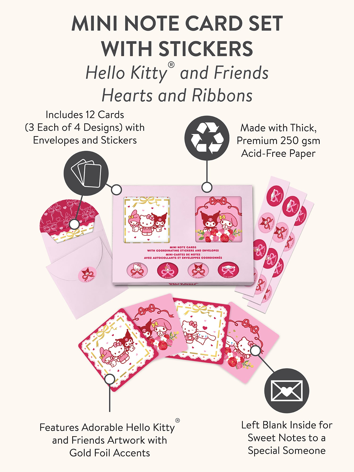 Hello Kitty and Friends Hearts and Ribbons Assorted Mini Note Cards with Stickers