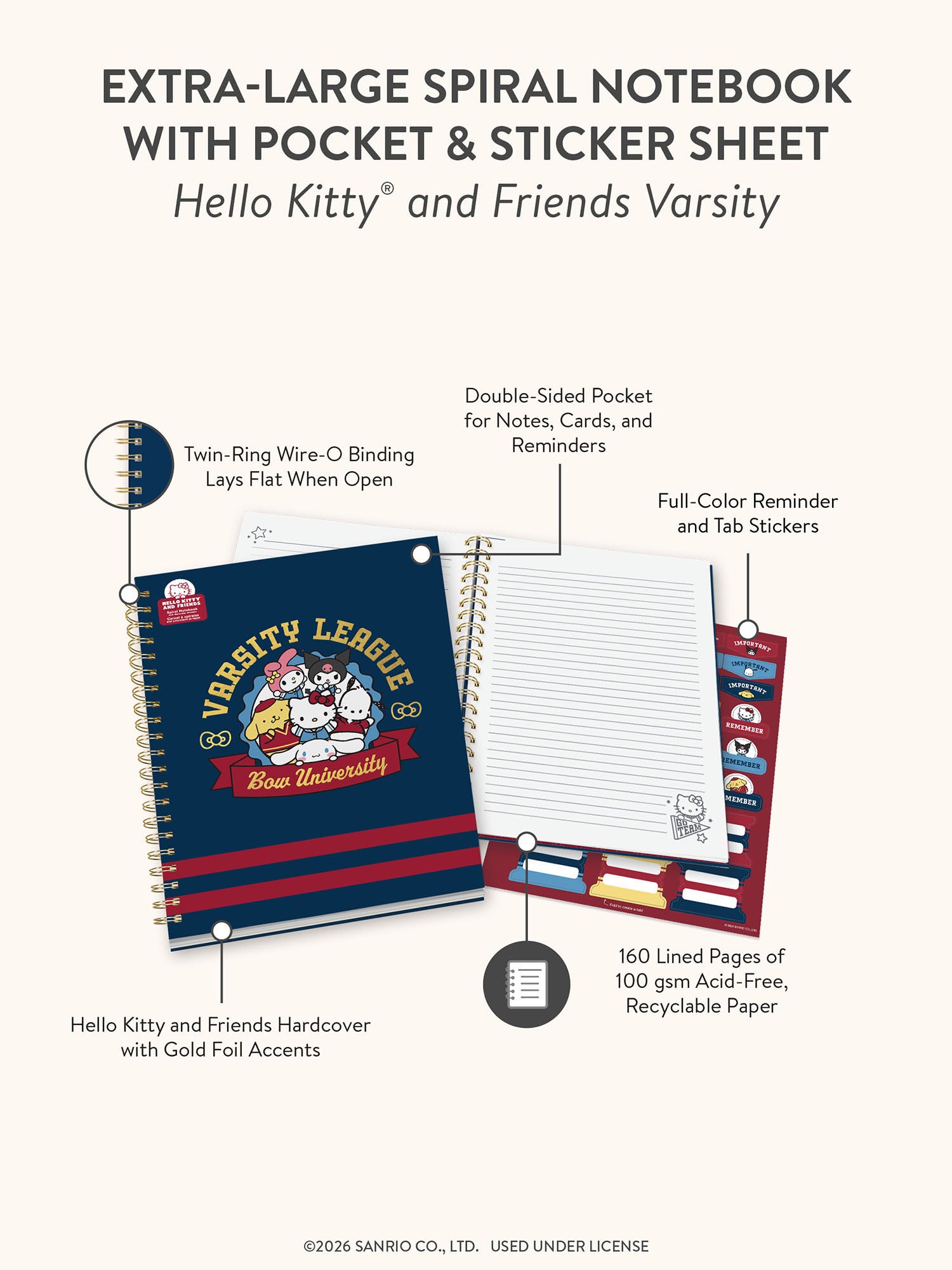 Hello Kitty and Friends Varsity Extra-Large Spiral Notebook with Pocket &amp; Sticker Sheet