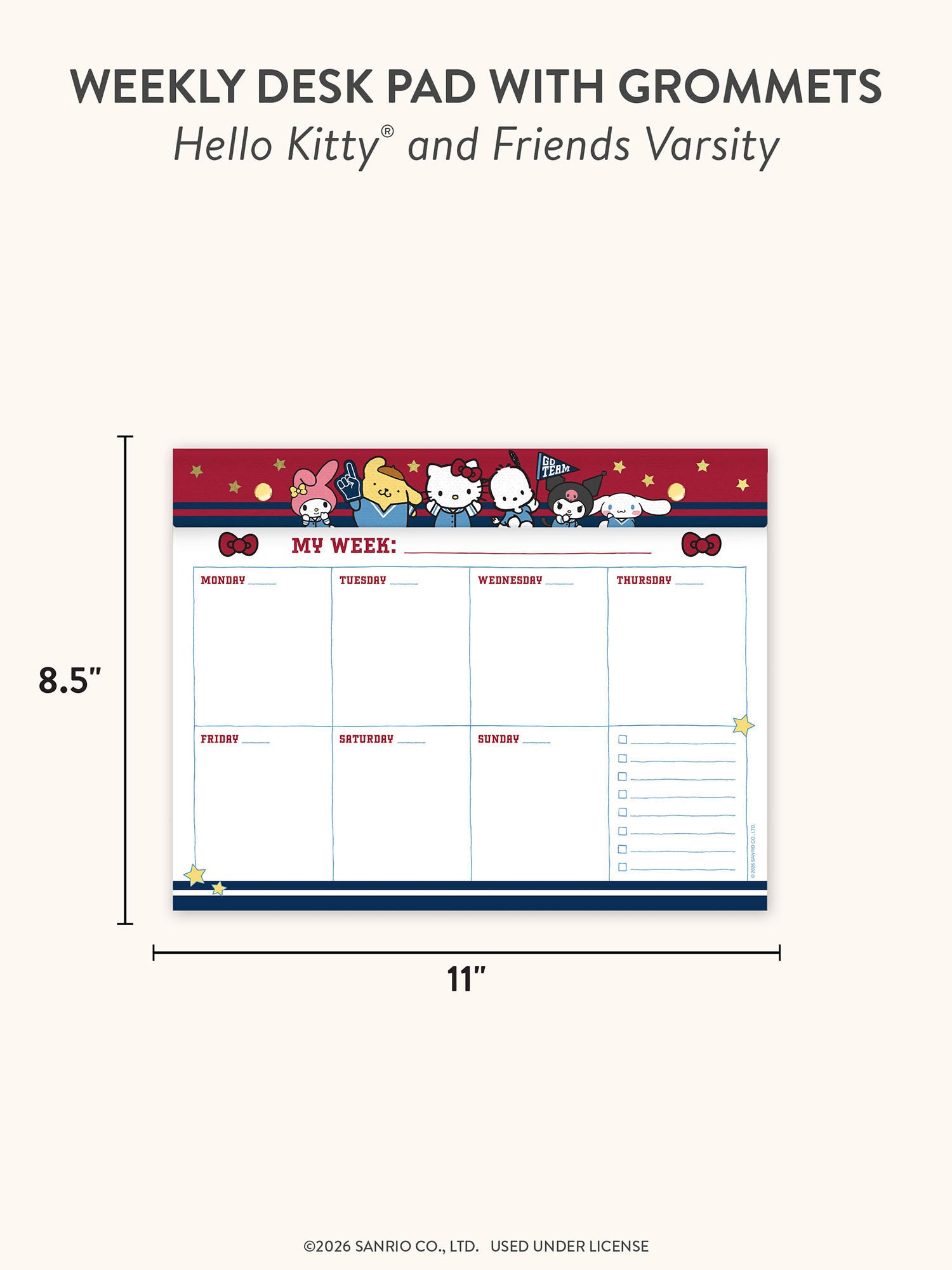 Hello Kitty and Friends Varsity Weekly Desk Pad with Grommets &amp; Stickers