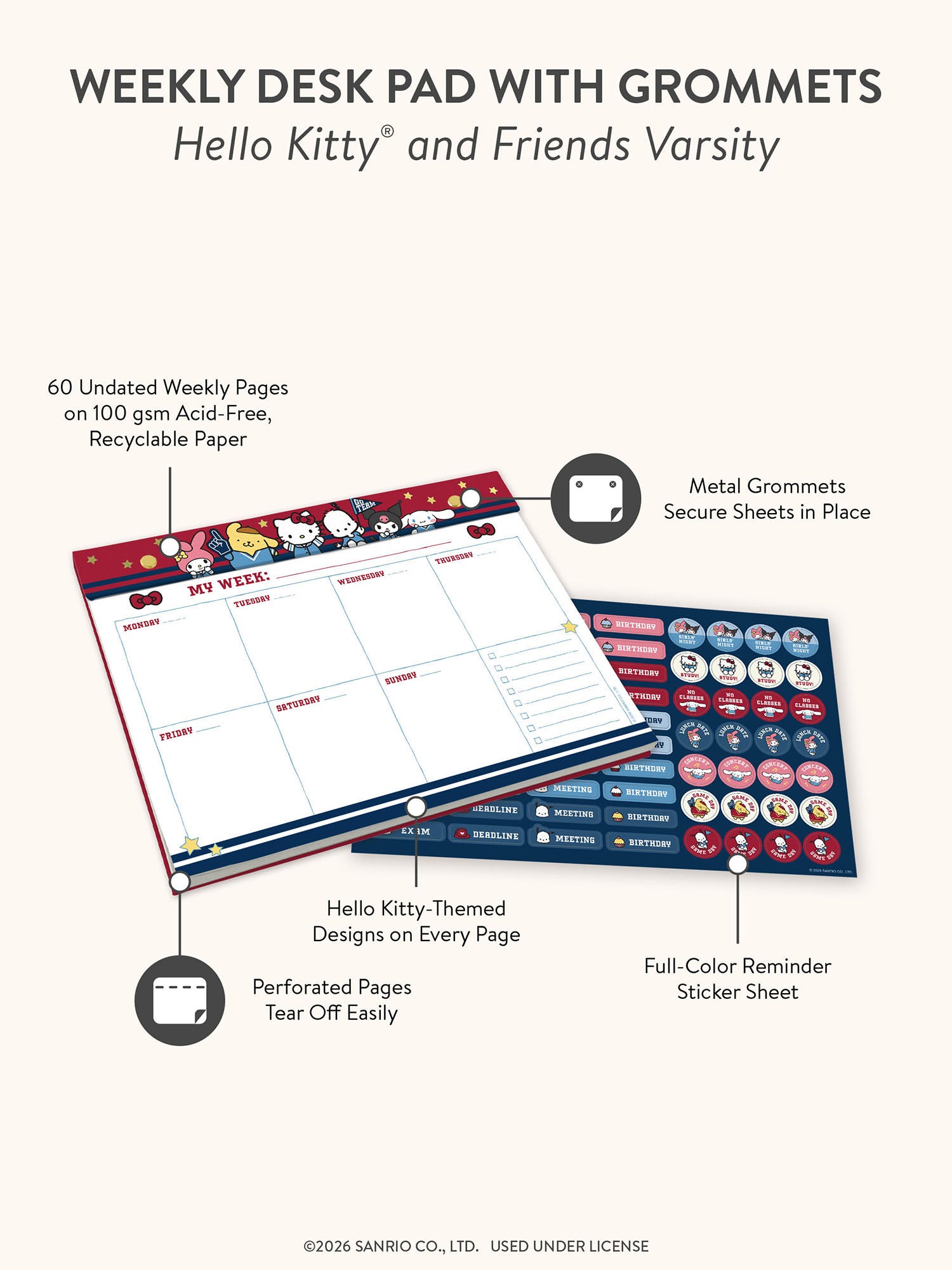 Hello Kitty and Friends Varsity Weekly Desk Pad with Grommets &amp; Stickers